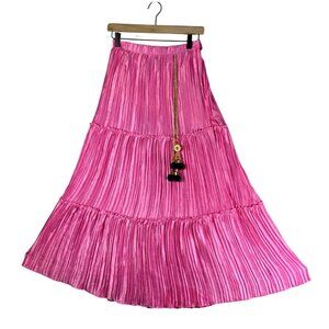 Maxi Skirt Pink Broomstick Tiered SatinLike W26" Gold Tassel Boho Festival